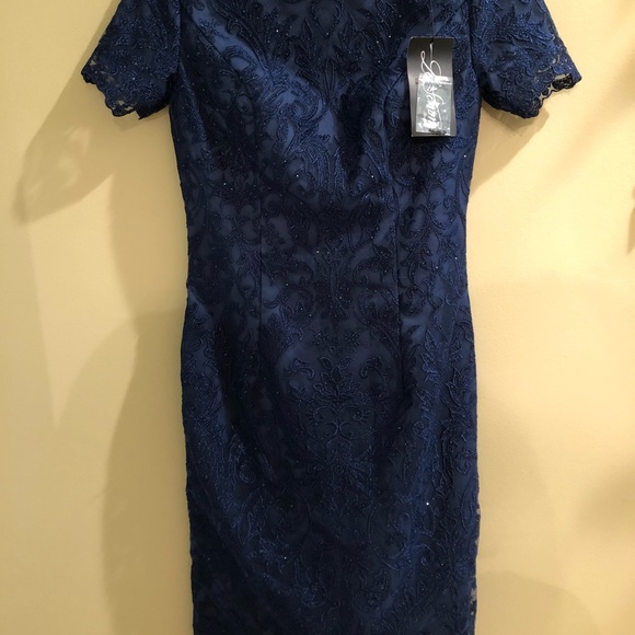 La Femme- Slate blue beaded lace cocktail dress - Picture 2 of 4
